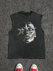 Men's Cyberpunk Metallic Muse Washed Vest, Body with Starburst Portrait Graphic Detail, Loose Sleeveless Fit, Casual Hardcore Style