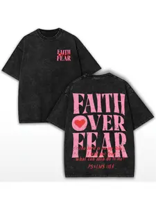 Vintage Washed Black Faith Over Fear Psalm 118:6 Heart Double‑Sided Graphic Oversized T‑Shirt, Christian Religious Faith Streetwear Top for Men Women