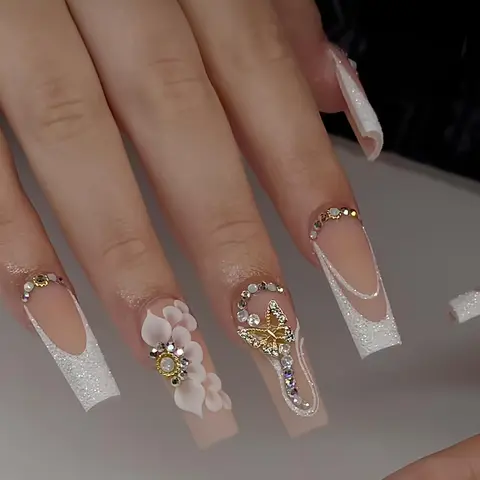 Flower & Butterfly Decor Fake Nail, 24pcs Long Coffin Press on Nails for Women & Girls DIY Nail Art, Removable and Reusable Stick on Nails Kit Wedding Nails, Decorative Nails