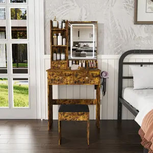 Modern Small Vanity Desk with 3-Mode LED Mirror & Adjustable Brightness, 3 Drawers & Multiple Open Shelves, Built-in Power Socket & Hair Dryer Holder, Includes Dressing Chair for Bedroom