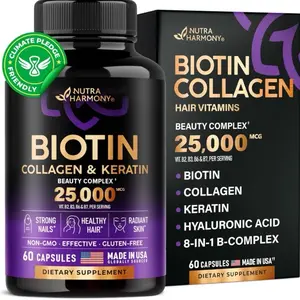 Biotin 10000mcg | Collagen | Keratin | Hyaluronic Acid - Hair Growth Support Supplement | Skin & Nails Beauty Complex 25000 mcg - B1 | B2 | B3 | B6 | B7 - Made in USA - For Women & Men | 60 Capsules Healthcare