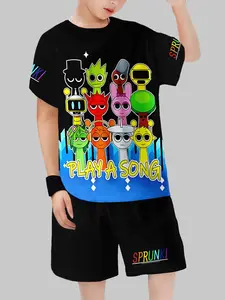 Sprunki Boys' Cartoon Character Print Short Sleeve Set, Clothes Kids Summer Breathable Two-Piece, Casual Fitted Tee Shorts, Random Print