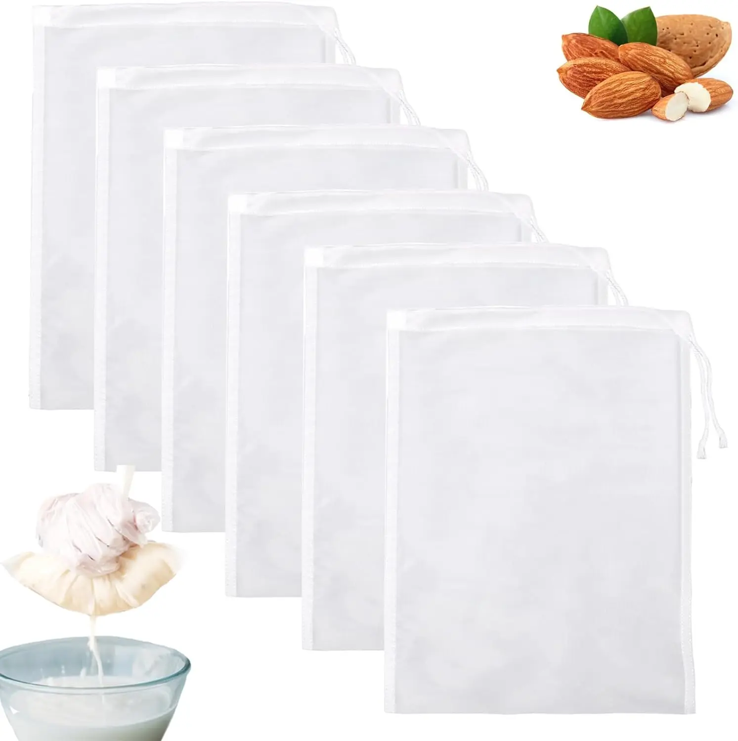 6 Pack Nut Milk Bag, 8"x12"   Nylon Strainer Nut Bags for Straining Almond Milk Greek Yogurt, Cheese Cloth Bag for Cooking, Cold Brew Coffee  Juice Fine Mesh Bag