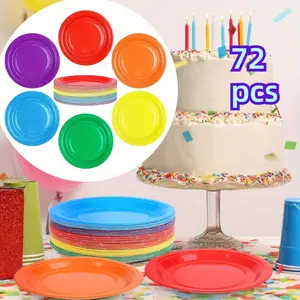 72 Pieces Disposable Round Dessert Plates 7 Inch Rainbow Bulk Paper Plates Heavy Duty Solid Color Paper Plates Table Decors Party Supply for Birthday, Dinner, Wedding