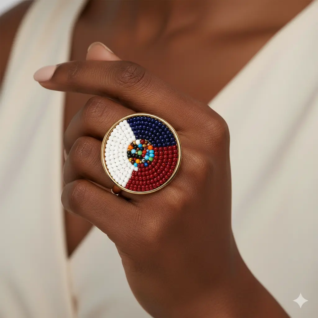 Multicolor Bead Ring - Circular Gold-Toned Band Ring Adorned with Red, White, Blue, and Assorted Colored Beads, Multicolor Bead Rings