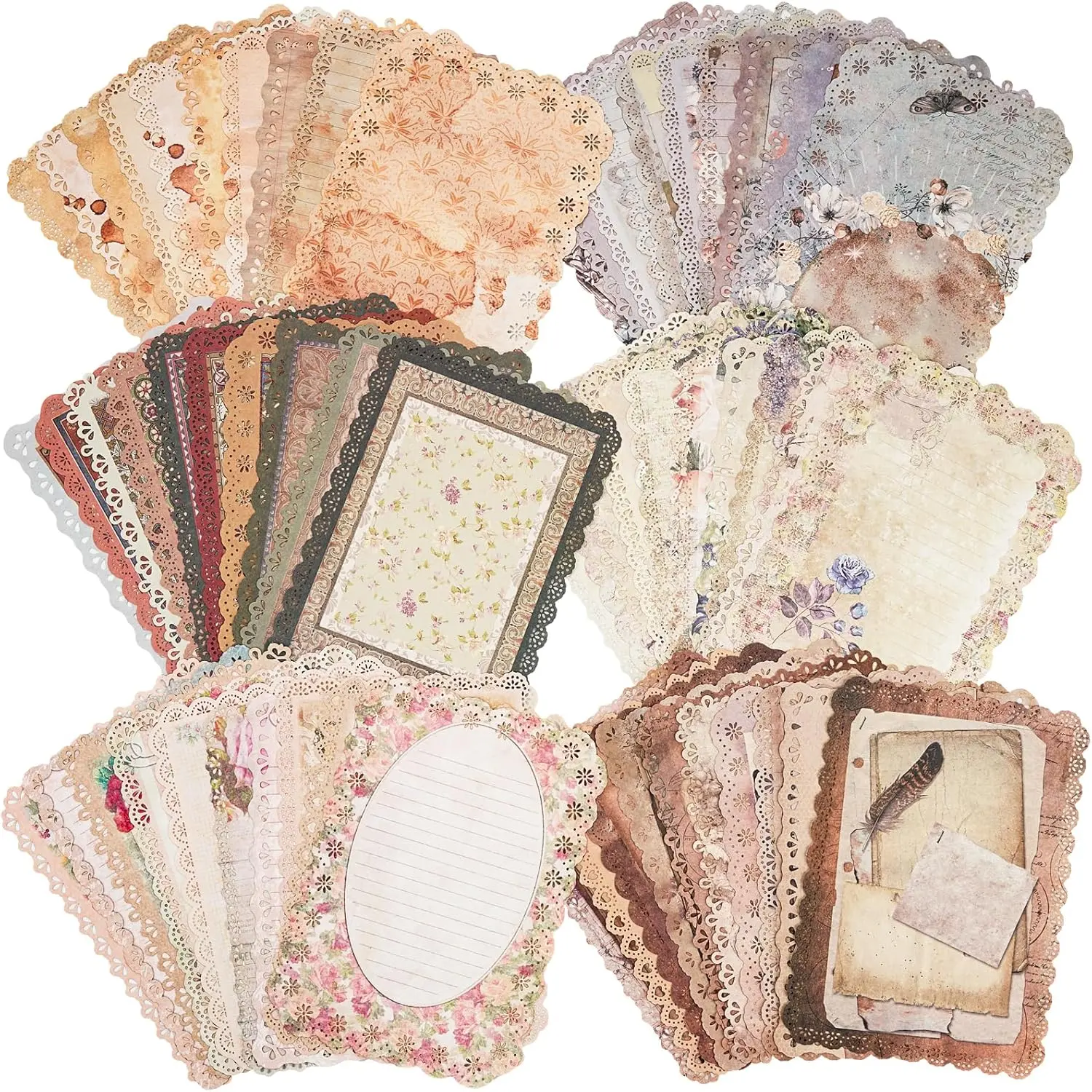 Vintage Scrapbooking Paper Kit, 6 Pack, 60 Sheets of Shabby Chic Junk Journal Supplies with Hollowed-Out Lace Designs for Art Journaling, Scrapbooking Kit, Paper Gift Set, Vintage Material Paper