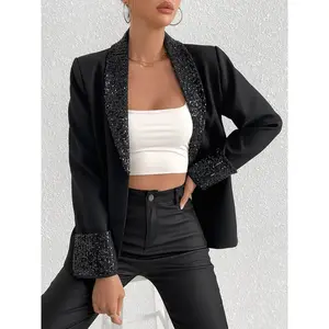 Women’s fashion sequin-collar long-sleeve blazer; casual woven jacket for spring and fall; fitted evening formal coat made of medium-weight fabric