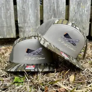 Turkey Feather Embroidered Old School Trucker Hats – 7 Panel Style in Bottomland Camo, Black, White, Brown