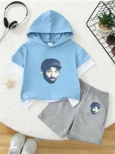 Boys Hooded Short Sleeve Top + Loose Comfortable Casual Pants, Outfits, Vintage Kobe Cartoon Print, Summer Breathable Sweat-Absorbing, 2-7 Years