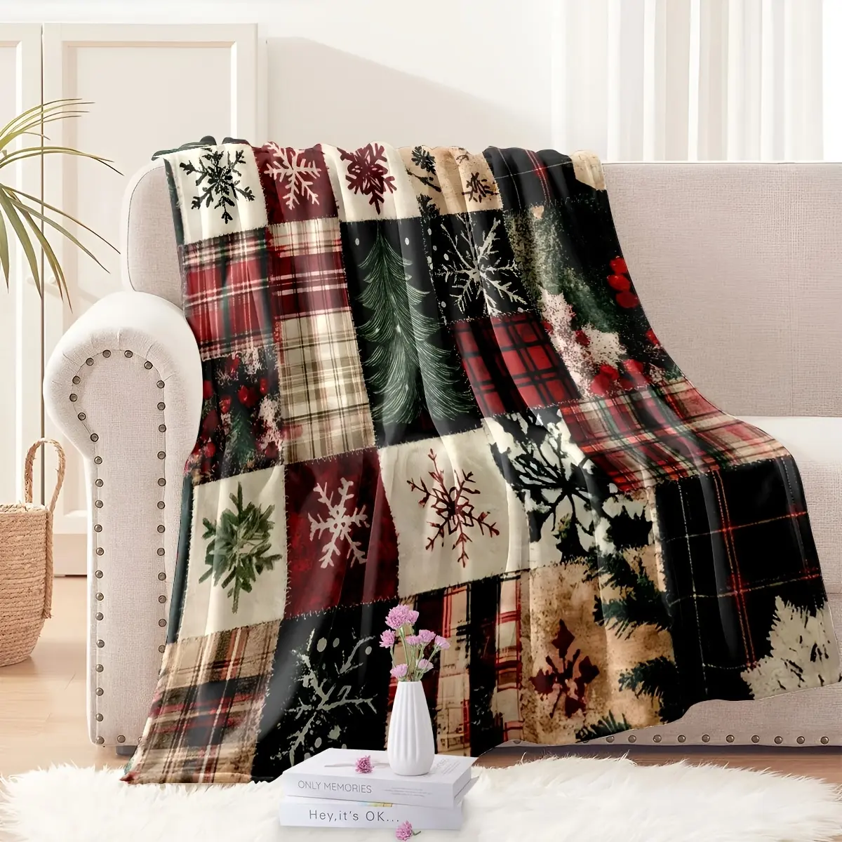 1Pc Vintage Scottish Tartan Patchwork Plush Flannel Blanket - Soft All-Season Bedspread With Tartan/Plaid & Snowflake/Floral Patterns In Green/Red/Black/Brown/Beige - Cozy Couch Bed Cover For Christmas, Sofa & Winter Decor