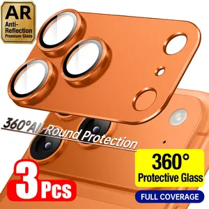 3pcs Ultra Clear Scratch-resistant Full Coverage Orange/Silvery/Blue/Transparent 4 Tpyes Camera Lens Protector Compatible with iPhone 17 Pro Max/17 Pro, Premium 9H Tempered Glass with Strong Adsorption, Case-Friendly Design for Perfect Compatibility