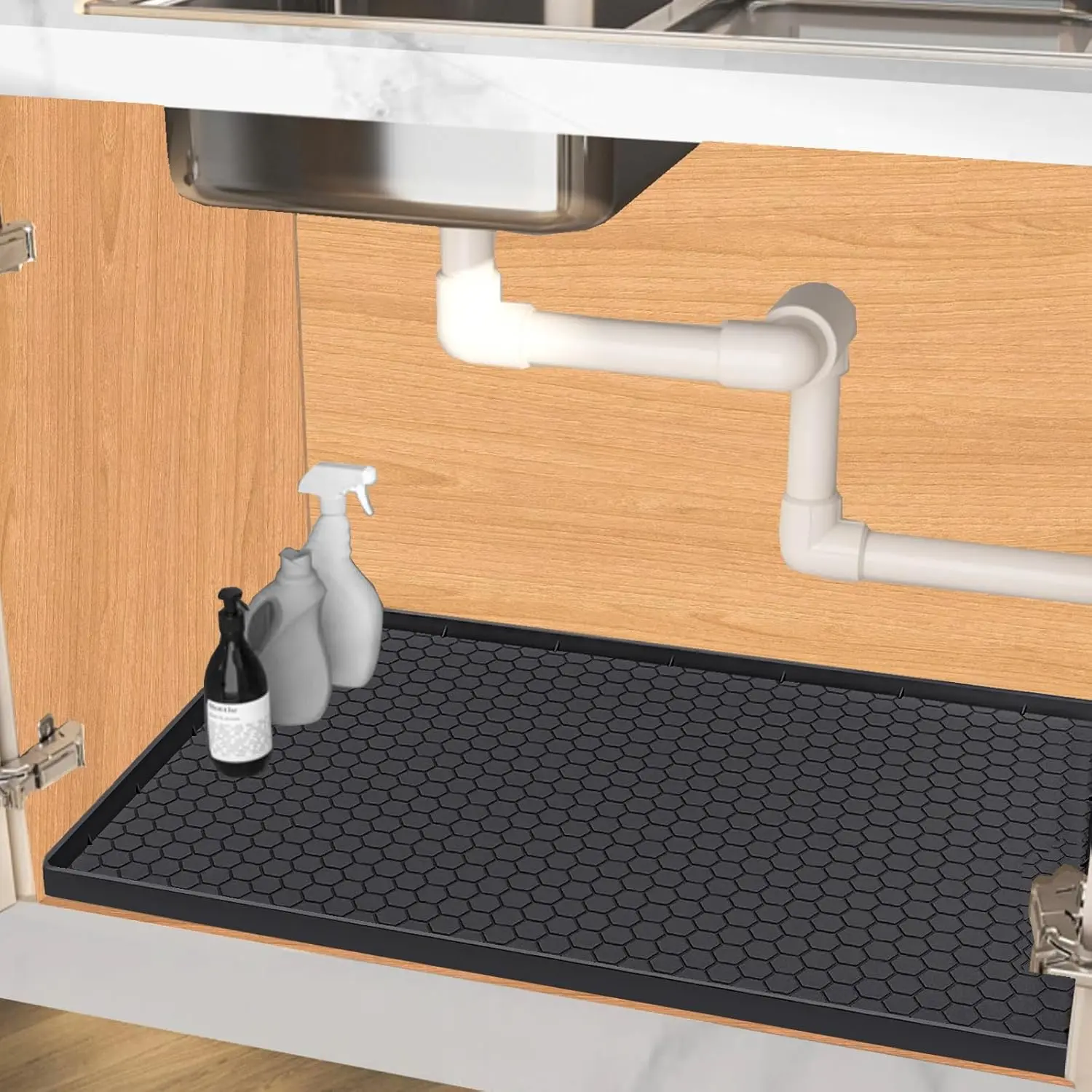 Under Sink Mat 28 x 19 for Kitchen ,  Under Sink Liner, Bathroom Kitchen Cabinet Protector Mat, Easy to Clean Cabinet Mat Organizers and Storage, Black