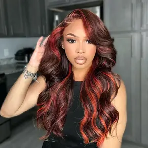 Salon Layer Cut Ginger Highlights On Brown Hair 360 Lace Frontal Invisi Strap Skin Lace InvisiDrawstring Snug Fit Body Wave Human Hair Wig