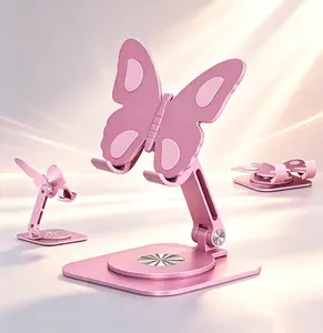 Pink Butterfly Shaped Smartphone Cellphone Holder Stand - Premium Alloy Foldable Tech Accessory Bracket, Full-Angle Rotatable Desktop Dock, Non-Slip Stable Base for Most Mobile Devices, Graduation Gift (Study & Daily Leisure Use)