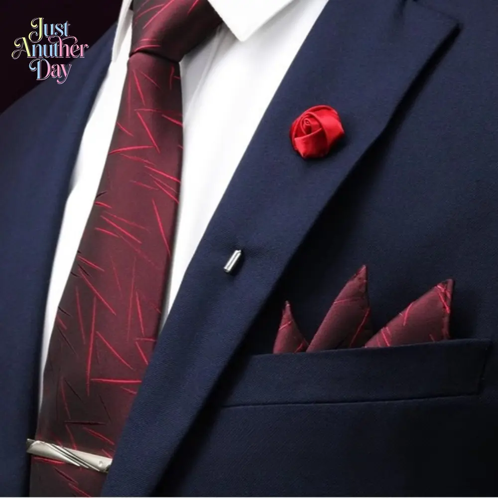 5Pcs Men's Wedding Tie Gift Set, Red Formal Necktie with Bow Tie, Pocket Square, Tie Clip & Rose Lapel Pin, Suit Accessories for Groom & Business