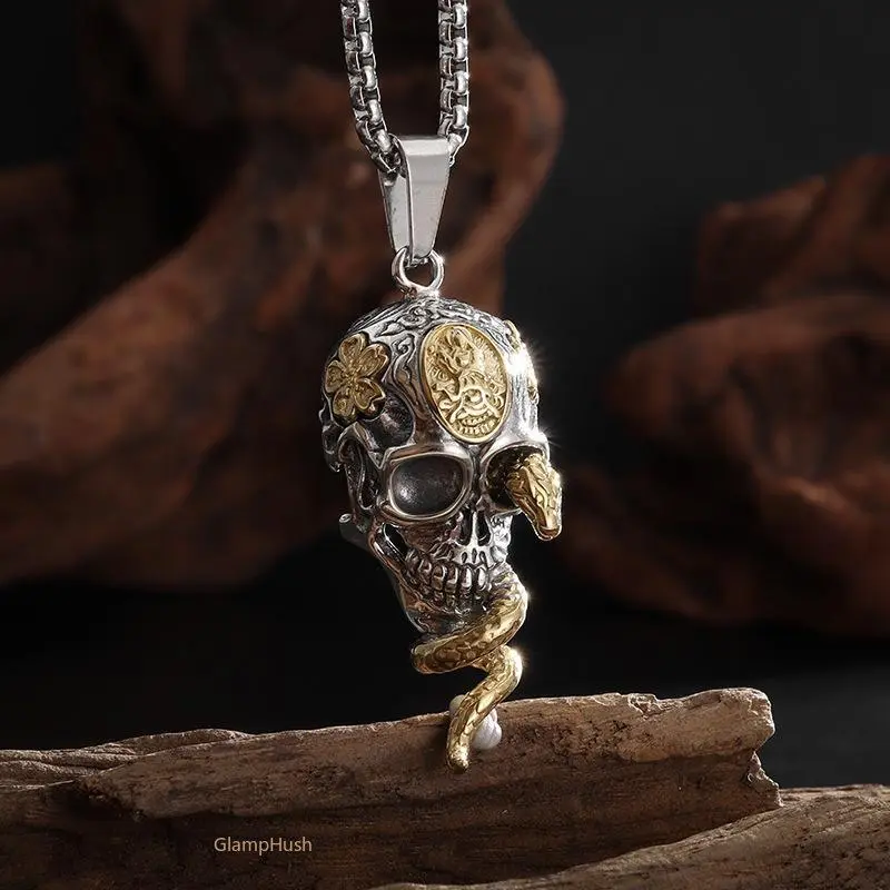 Gothic Skull Snake Pendant Necklace for Men, Vintage Streetwear Jewelry for Halloween Party & Daily Wear, Gothic Protective Gear, Necklaces, Male, Dark Streetwear Charm, Casual, Edgy Protective Gear, Outdoor