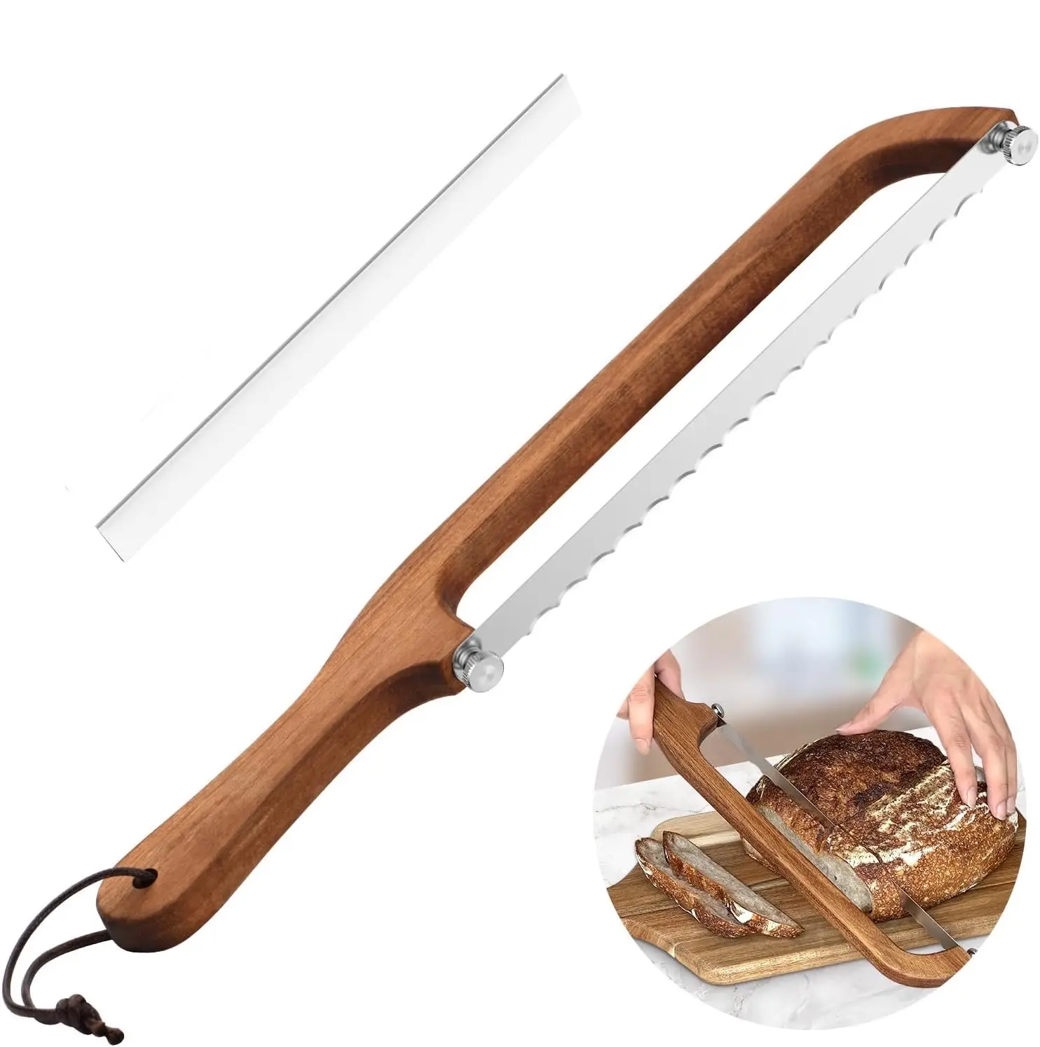 Even-Slicing Sourdough Cutter with Wood Handle Knives, Bow Saw for Homemade Loaves, Wooden Bowl Kitchen Cutlery Bakeware Utensil