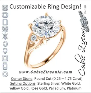 Cubic Zirconia Engagement Ring- The Willie Jo (Customizable 3-stone Round Cut Design with Small Round Cut Accents and Decorative Cathedral Trellis)
