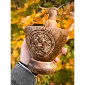 Smooth Wooden Pentagram Mortar and Pestle, Kitchen Cooking Accessory Utensil, Essential Kitchen Prep Tool for Grinding with Bowl, Kitchen Cooking Accessories