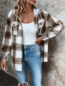 Loose Plaid Casual Shirt, Open Front Plaid Print Drop Shoulder Adjustable Drawstring Hoodie Jacket, Stylish and Comfortable Outerwear, Spring, Style