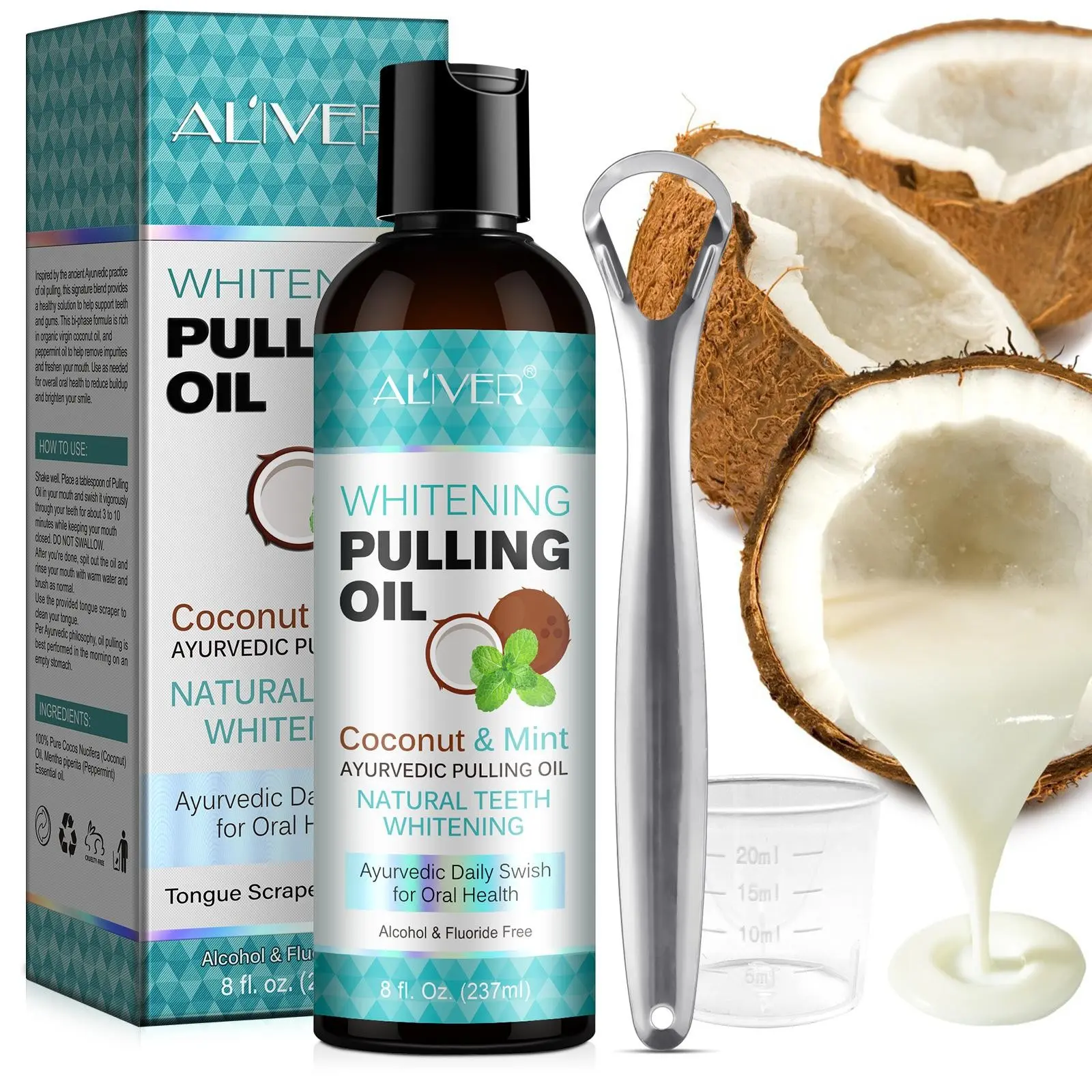 ALIVER Coconut Oil Mint Mouthwash (237ml), Oral Care Mint, Coconut Oil Pulling Mouthwash, Minty Fresh Breath, 237ml Daily Size, Teeth Whitening, Date Night Breath Rescue, Fresh Breath Mouthwash