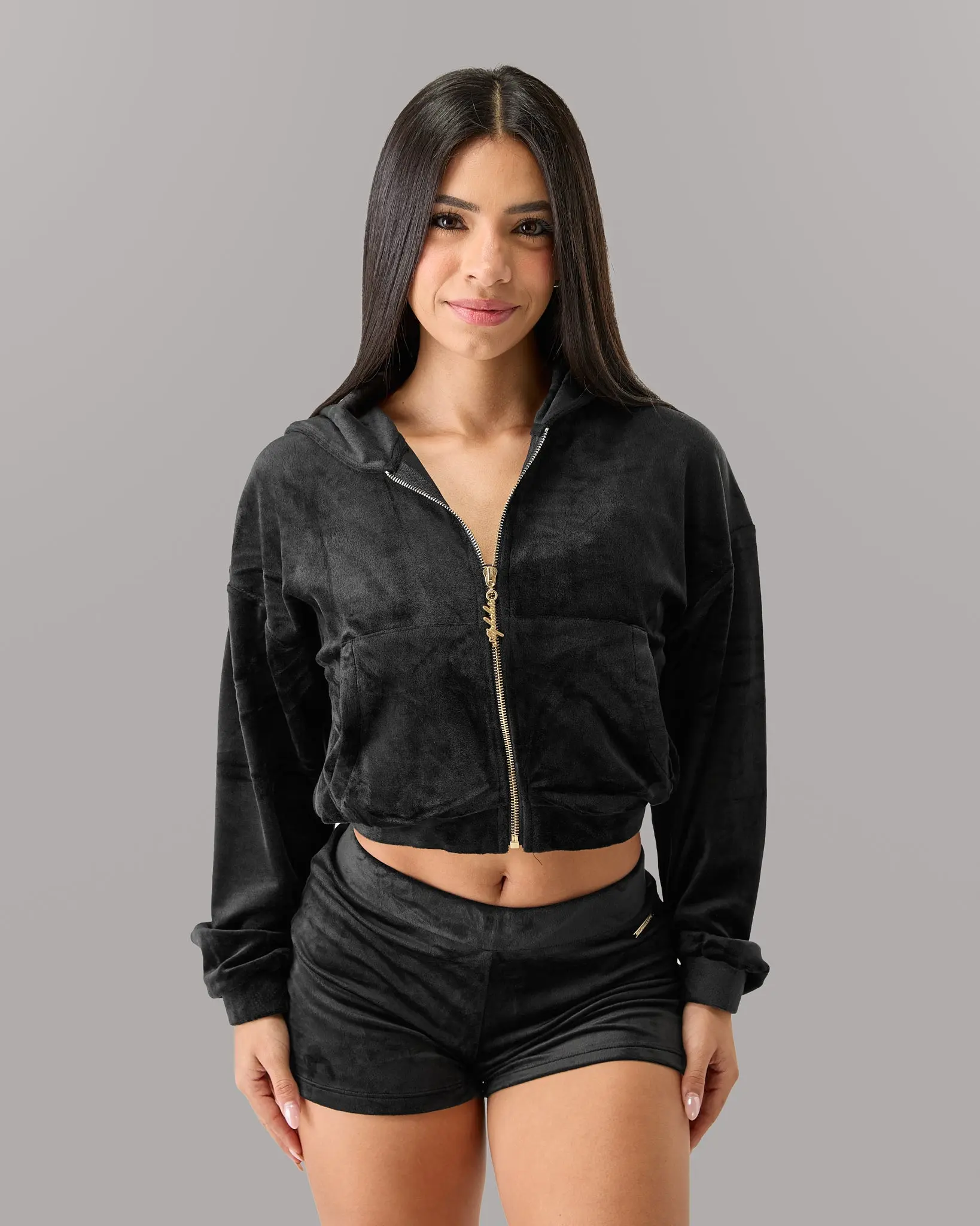 Women's Plush Velvet Zip Hoodie - Black, Buttery Soft Loose-Fitting Longsleeves Top with Smooth Stretch Spandex-Polyester Fabric, Metal Branding, for Gym & Loungewear, Casual, Cold Wash