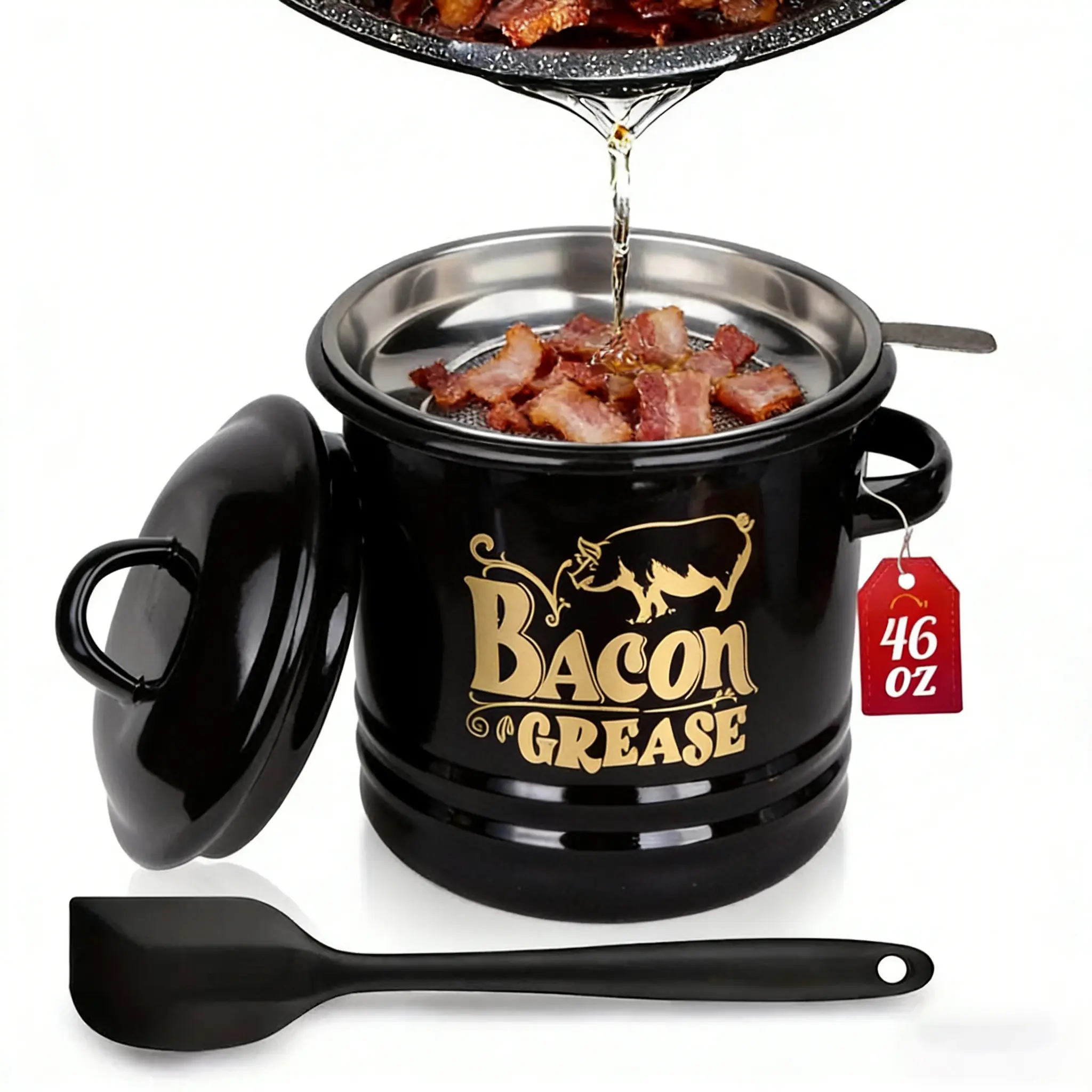 LUITON 46oz Vintage American Style Metal Bacon Grease Container with Strainer (Anti-Leakage Net), Lid, Food-Grade Silicone Spatula, Lightweight Red-Black Cooking Oil Dispenser, Dishwasher-Safe Keeper
