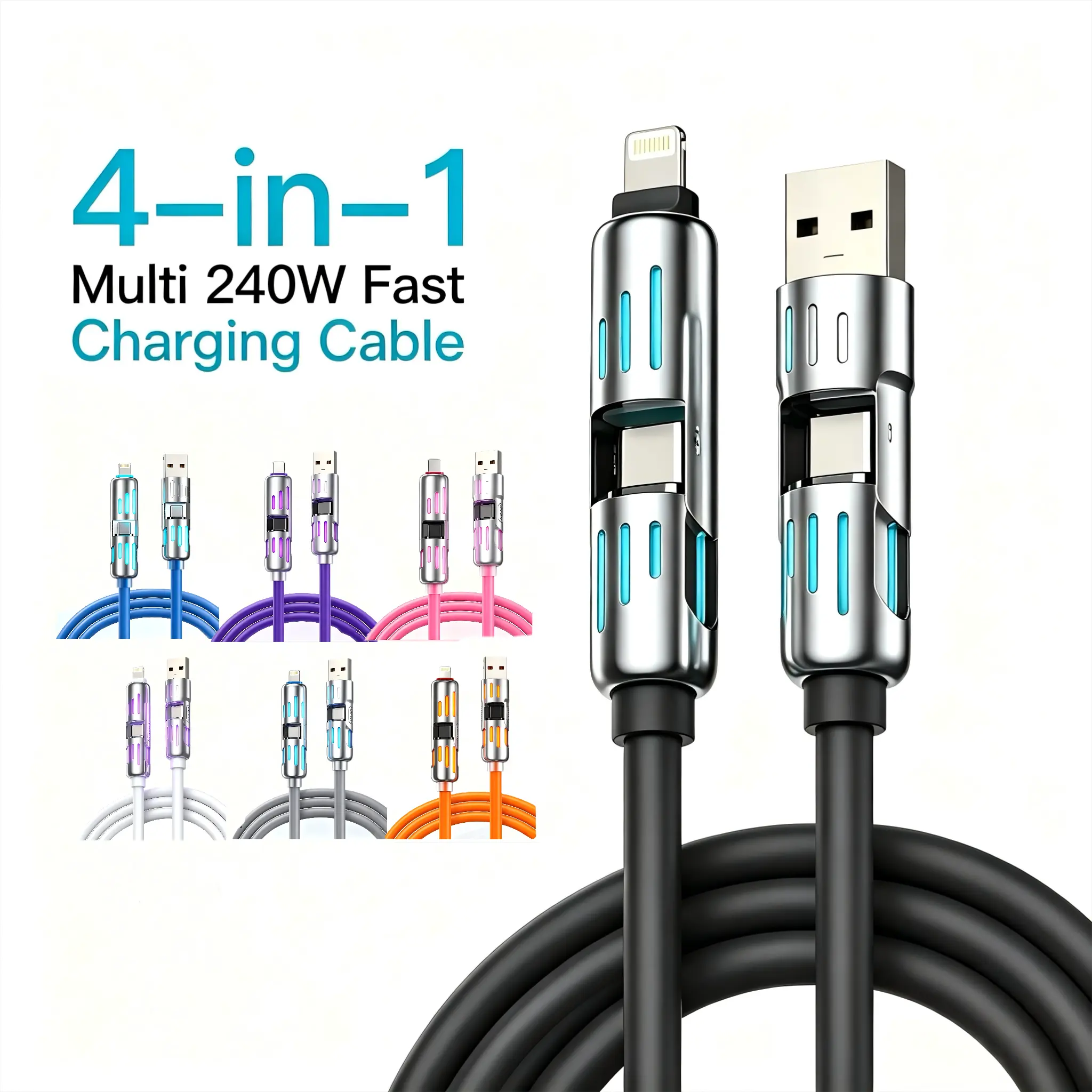240W Fast Charger with 4-in-1 Multi-Port Silicone Sheath Cord, USB-A/USB-C/Lightning Connectors for Mobile Devices, iPhone 15-17, Samsung Galaxy