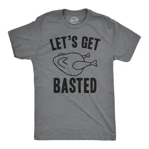 Mens Lets Get Basted Funny Thanksgiving Turkey Thankful Sarcastic Cool T shirt Mens Funny T Shirts Cool Vintage Fashion T-Shirt Gift Classic Menswear Thanksgiving Apparel for Men Funny Drinking Short Sleeve Light Grey
