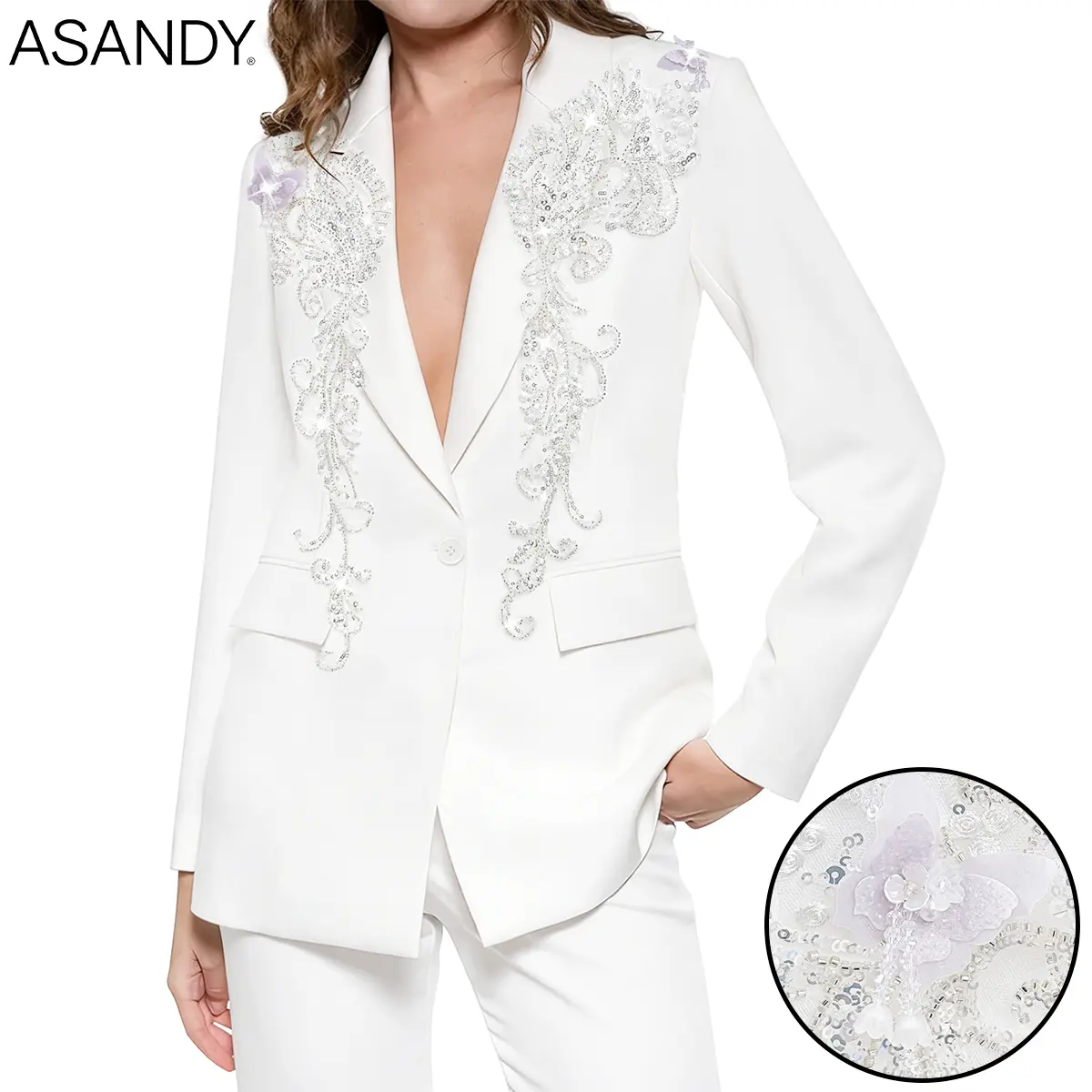 ASANDY Women's Longsleeves Bridal White Blazer - 1-Piece Handcrafted 3D Butterfly, Rhinestone, Sequin Applique Glamorous Women's Suits for Bride Lady