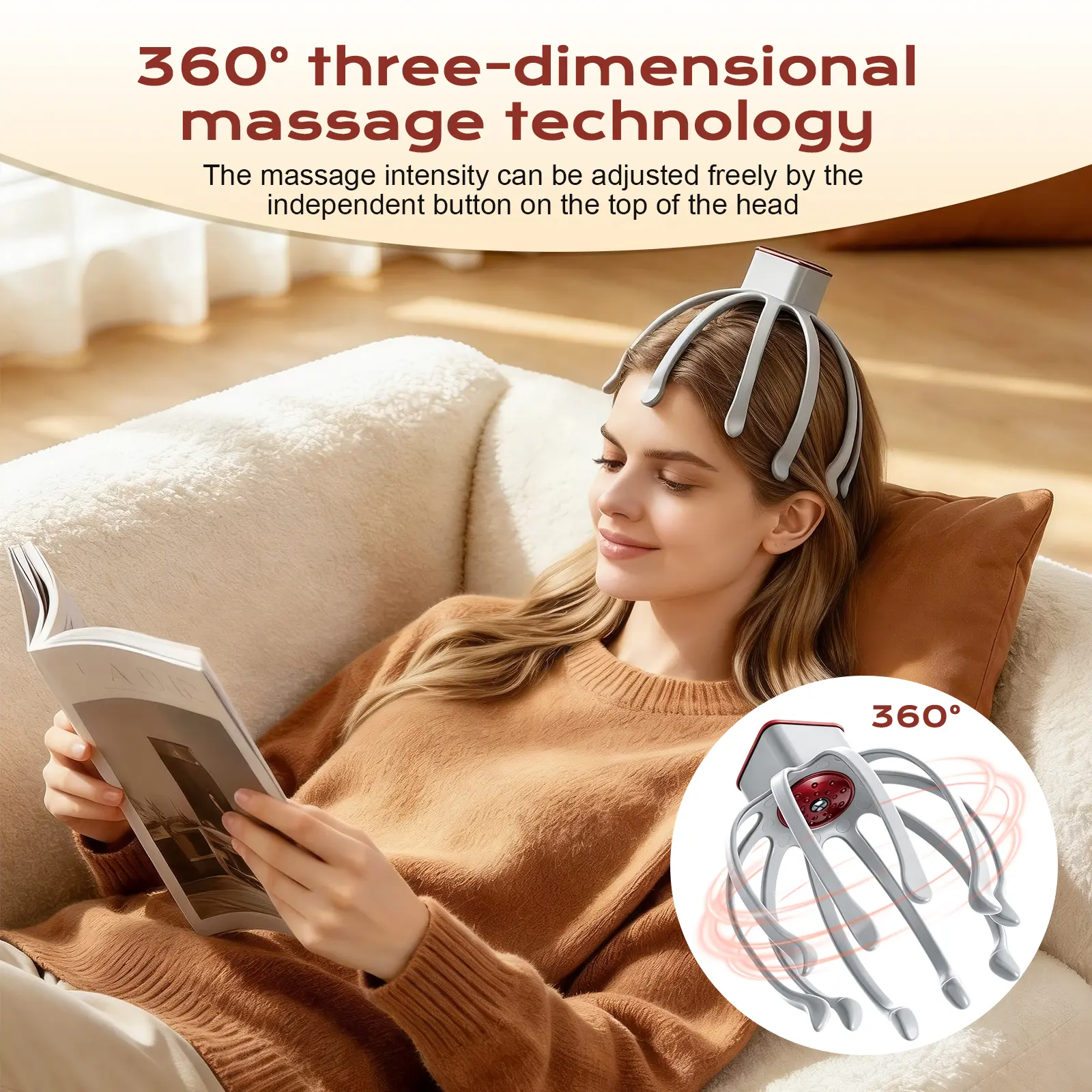 8-Finger USB Rechargeable ASMR Head Massager - 3 Adjustable Modes, USB Port, Cell Stimulation, Portable Stress Reliever for Home Travel, Home Supplies, Relaxing Gift for Parents Friends (Thanksgiving Christmas)