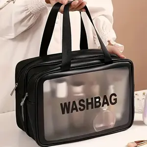 Translucent Letter Pattern Wash Bag, Makeup Storage Bag, 1 Count Foldable Lightweight Travel Cosmetic Storage Bag with Handle, Home Organizer for Daily Use and Travel