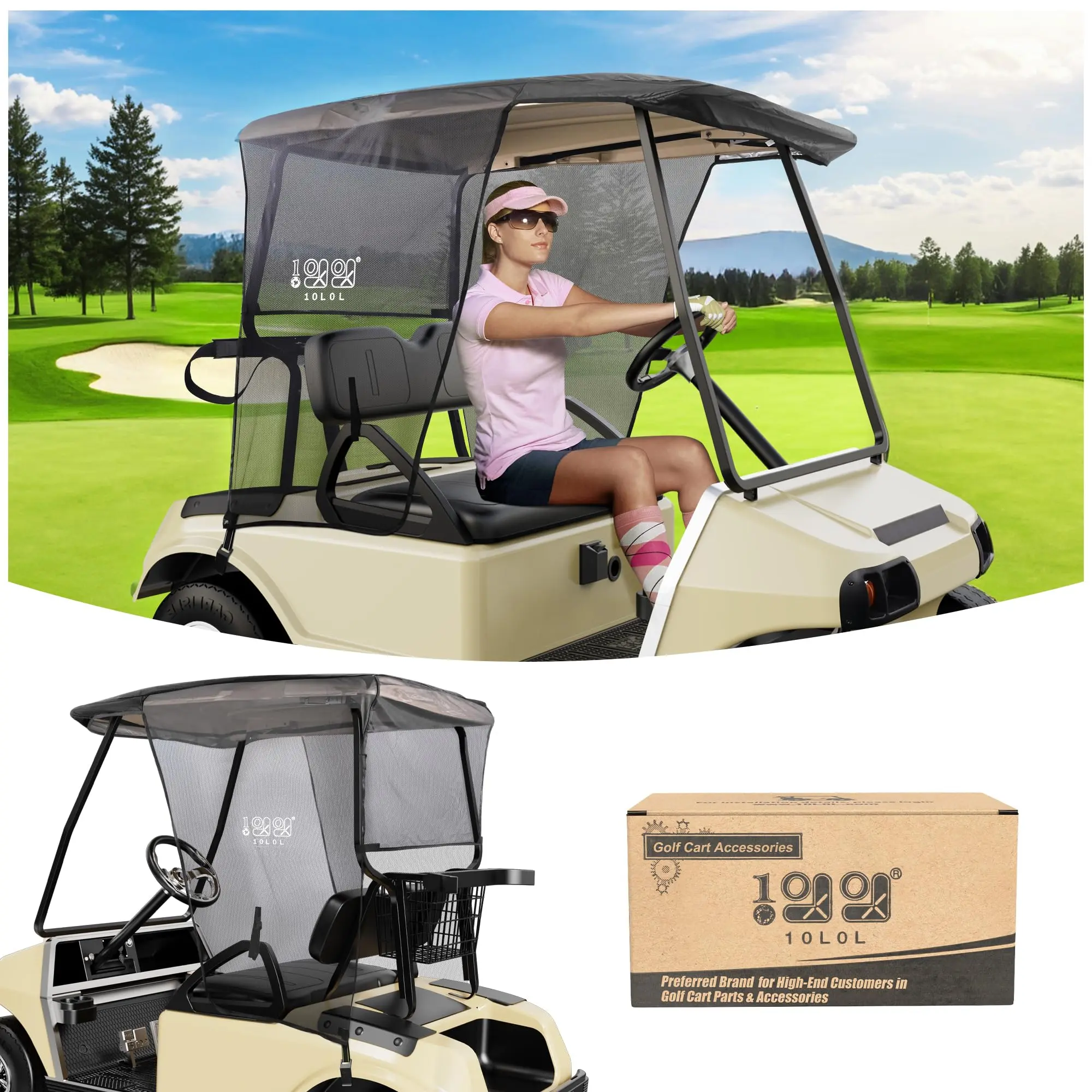 10L0L 2 Passenger Golf Cart Girl Car Accessories Sun Shade Cover for EZGO TXT RXV & Club Car DS Precedent Tempo, UV Heat Blocking Polyester Mesh Canopy Cover, Durable & Easy Install (Roof Size:59" L X 41" W)