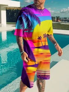 Men's Colorful Vacation Two-Piece Set Matching with Short Sleeve Fitted Design, Unique Tropical Sunset Palm Pattern, Comfortable Material for Summer Outings and Casual Gatherings