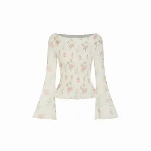 Cider Chiffon Floral Boat Neck Bell Sleeve Ruffled Top Dealsforyou