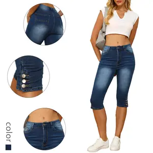 Women's Fashion Blue Capri Jeans - High Waisted Slim-Fit Denim Pants with Button Hem