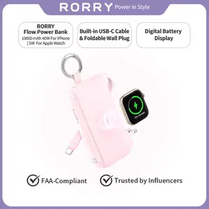 RORRY Flow Portable Charger 10000mAh 40W Fast Charging Power Bank with USB C Cable & Foldable Plug for iPhone 17/16/15 Apple Watch iPad MacBook Travel Essentials