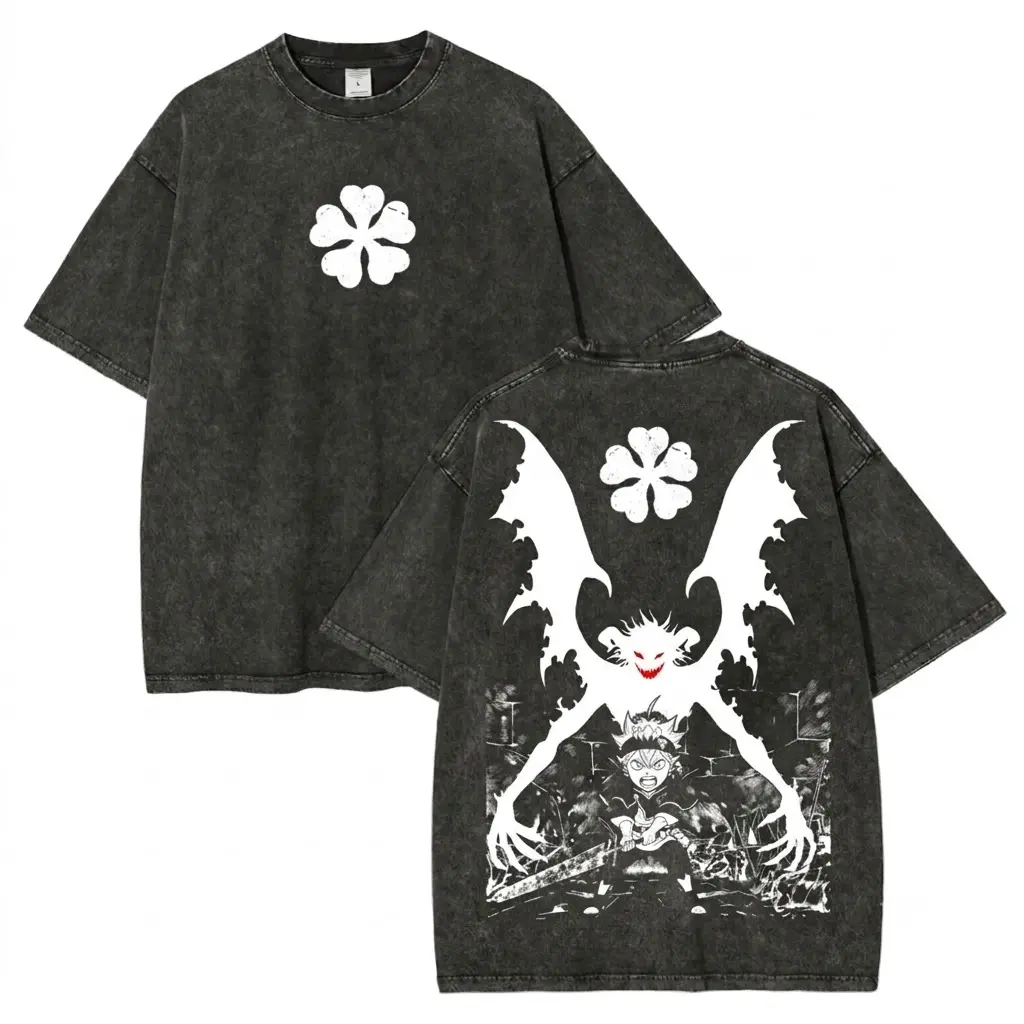 Black Clover Asta Liebe Oversized Graphic Tee Vintage Acid Wash Anime T Shirt Y2K Streetwear Gym Pump Cover Five Leaf Clover Retro Manga Merch Tiktok Finds Trendy Dark Aesthetic Workout Fit Casual Top Japanese Activewear Mens Shonen Demon