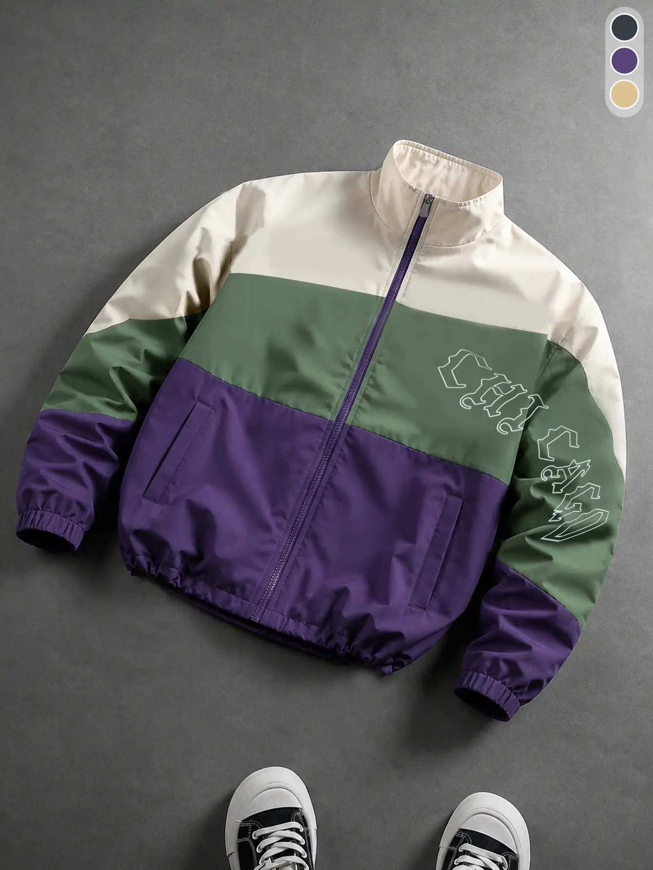 Men's American vintage three-color patchwork jacket  Y2K retro color-block stand collar jacket  Color-contrast sports jacket