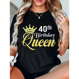 Women's 40th Birthday Queen T-Shirt with Golden Crown Graphic, Ideal for 40th Birthday Party & Casual Daily Wear 100% Cotton T-shirt
