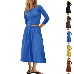 JovenPara Women's 2 Piece Lounge Sets Matching Ribbed Button Down Cardigan & Elastic Waist Skirt Sets gifts