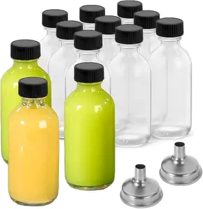 12 Pack 2 oz Small Clear Glass Bottles with Lids & 2 Funnels - 60ml Boston Round Sample Bottles for Potion,Juice,Ginger Shots, Oils, Whiskey, Wellness