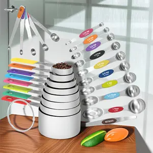 Silicone Handle Measuring Cup with Magnetic Double Head Spoon 8/10/23 Piece Set Colorful Stainless Steel Measuring Cups Spoons | Baking Tools, Kitchen Gadgets