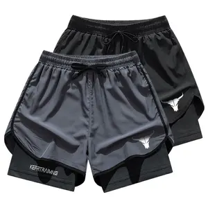 Men’s sports shorts with a 2-in-1 design, featuring an elastic drawstring waistband and side pockets – breathable mesh fabric, moisture-wicking polyester blend, suitable for gym workouts, running, the beach, and outdoor training – loose fit, multiple colo