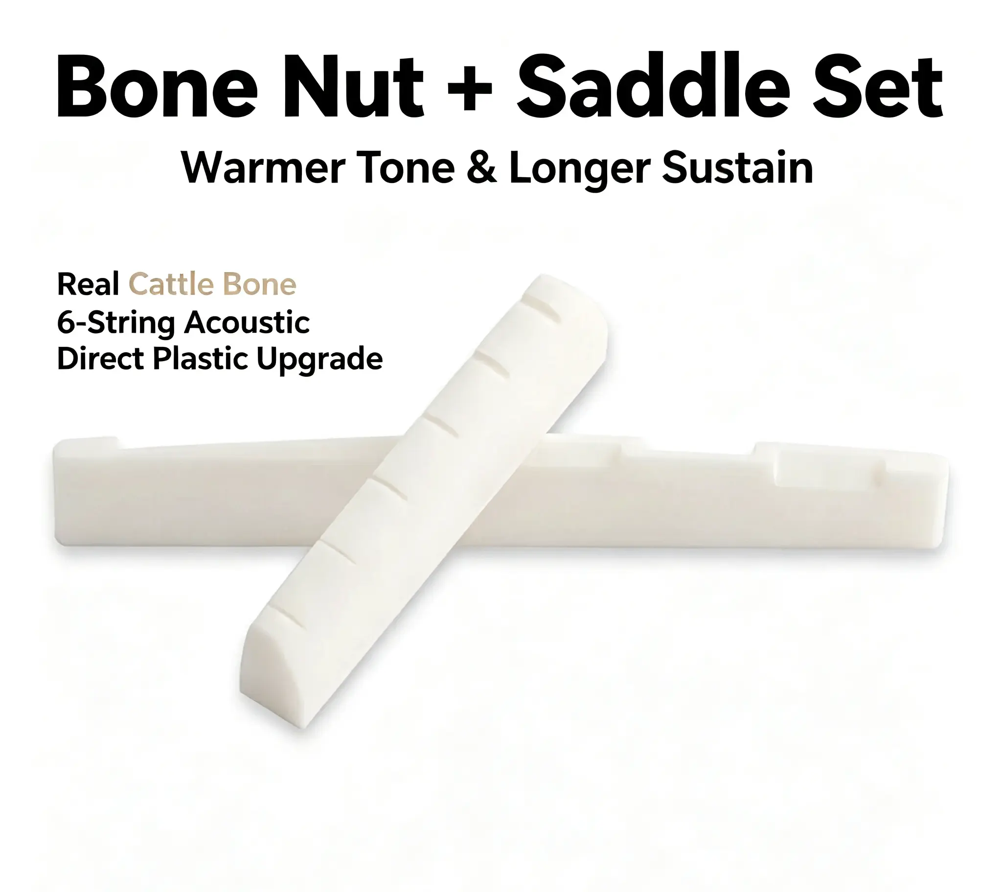 Guitar Player Real Cattle Bone Guitar Nut & Saddle Set, Pre-Slotted 43mm Nut 73mm Saddle Replacement Kit for 6 String Steel String Acoustic Guitar, Boost Warm Tone & Sustain