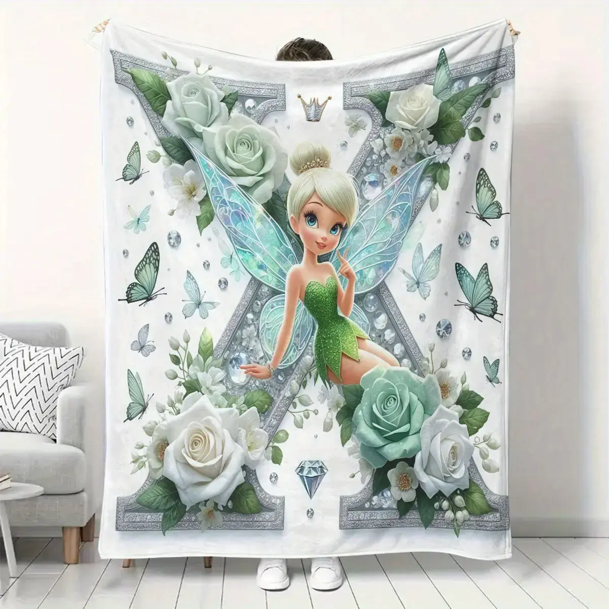 Tinkerbell Floral Butterfly Fleece Blanket - Embellished with sparkling gems, soft and comfortable, suitable for all seasons, home/office/camping, multi-colored blanket, Plush Throw for Sofa Bed Couch Bedroom Decor Gift, Cooling Bedding Blanket