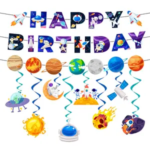 This space birthday party decorations packs including 1 space happy birthday banner 1 solar system banner 8 solar system theme hanging swirls streamers for outer space party decorations supplies