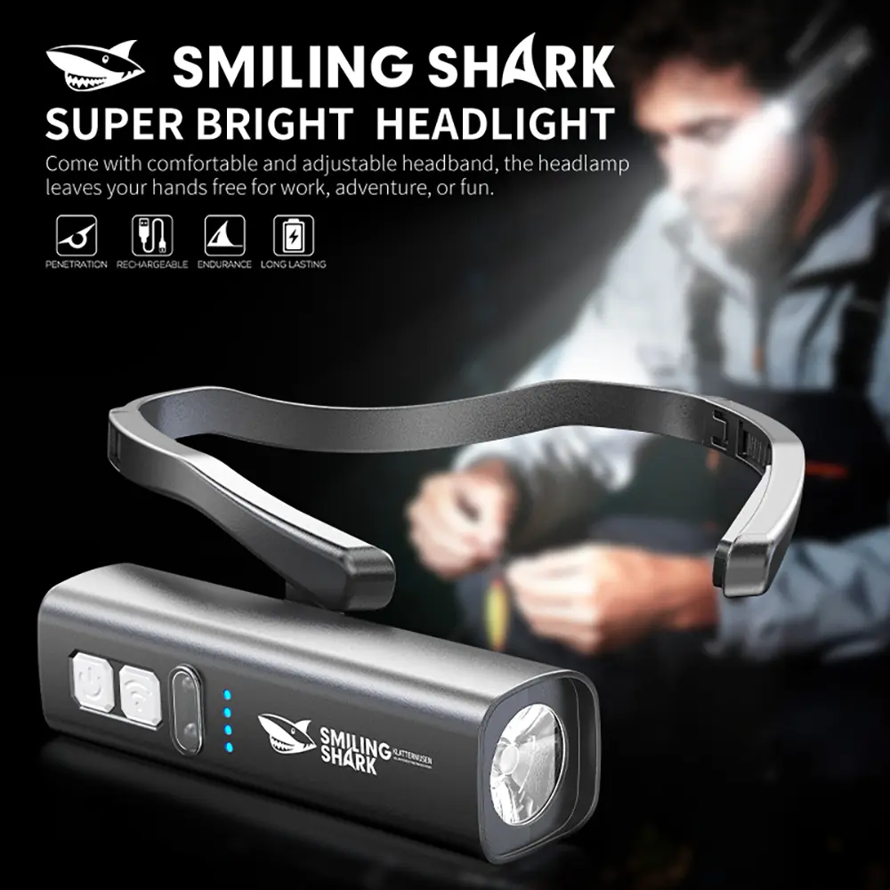 【TD-0270】SmilingShark LED Sensor Head Lamp Super Bright Fishing Lampu Kepala with Detachable Headband Design Head Torch Light 4Modes Type-C Rechargeable for Camping Running