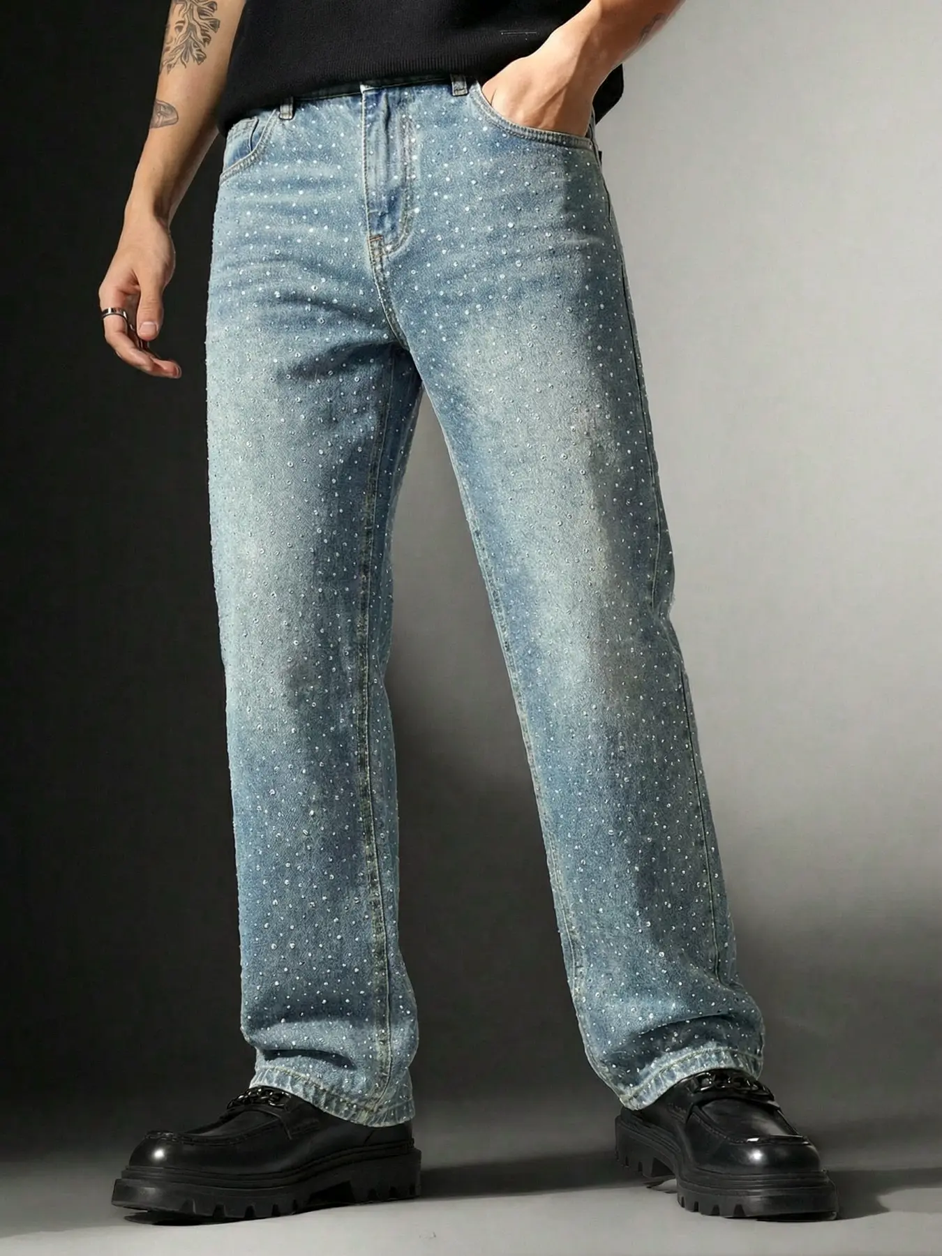 Men's Fashion Aesthetic Shiny Crystal Denim Jeans, Vintage Light Blue Washed Straight Leg, Full Rhinestone Decoration, Y2K Streetwear Style, All Seasons, Menswear
