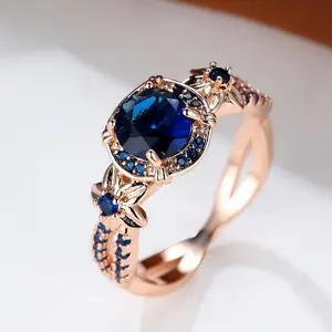 Retro Simple September Birthstone Sapphire Blue Round Cubic Zirconia Finger Ring Gift for Women Girls 18K Gold Plated Jewelry